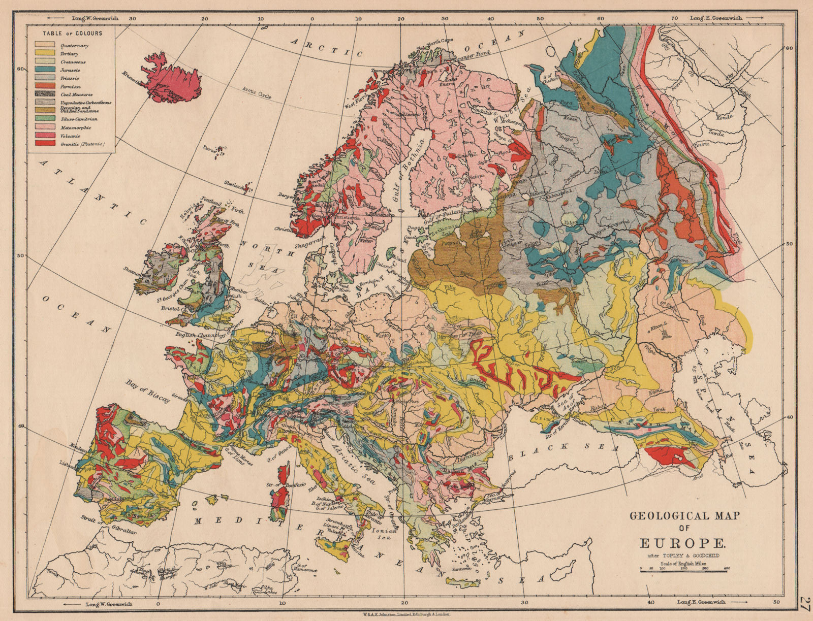 EUROPE GEOLOGICAL. Quaternary Tertiary Cretaceous Jurassic &c JOHNSTON 1906 map